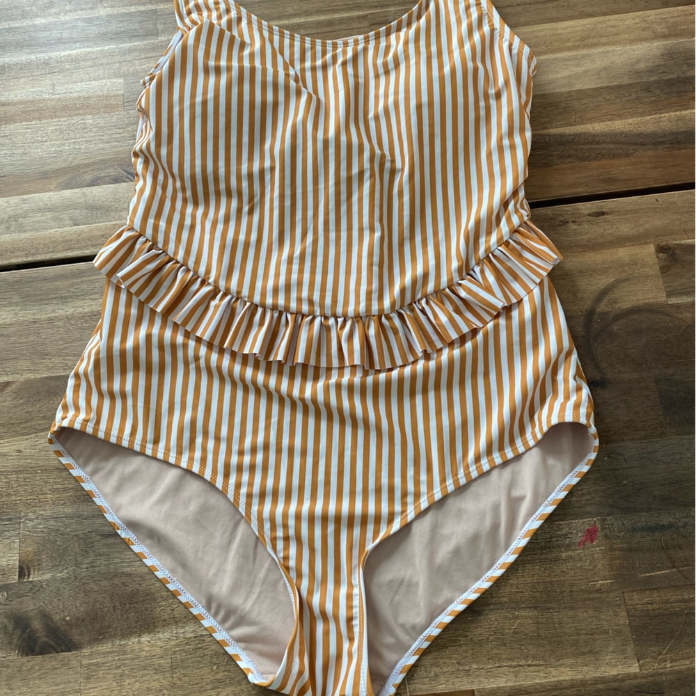 Kortni Jeane Mustard and White Striped Ruffle One-Piece Swimsuit